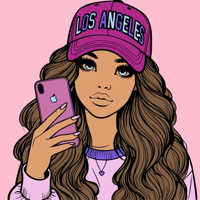 realistic beautiful girl wearing los ángeles cap holding an iphone