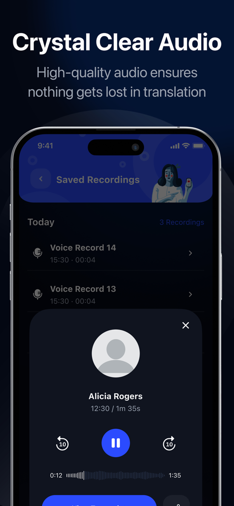 Callyo: Record & Memos - Callyo app interface showing high quality call recording playback and a list of saved voice memos