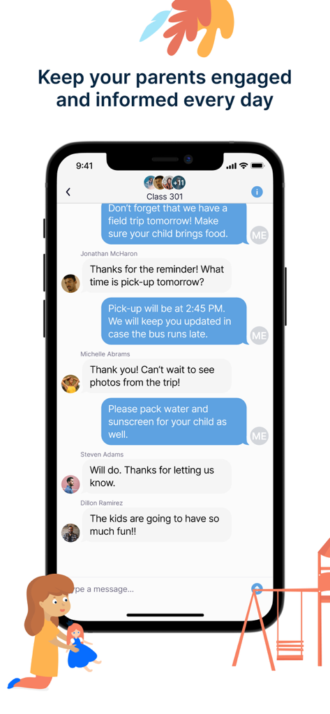 A mobile screen showing a group chat interface between teachers and parents in the Playground child care app