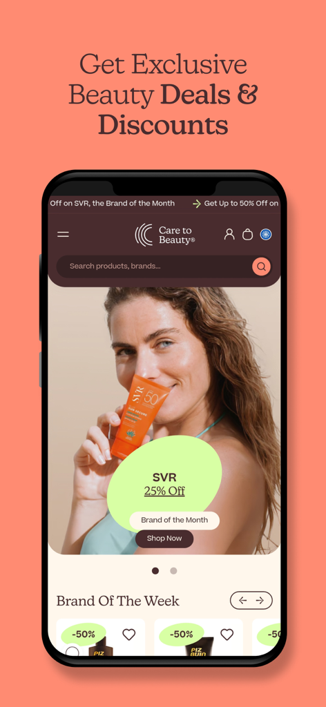 Interface de l'application mobile Care To Beauty montrant des offres beauté exclusives et des réductions sur des marques comme SVR