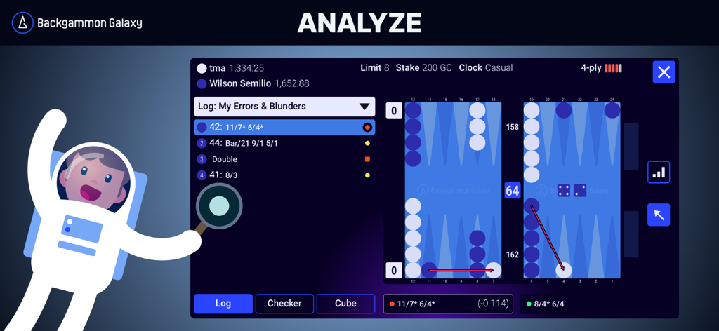 Backgammon Galaxy AI analysis interface showing game errors and blunders log