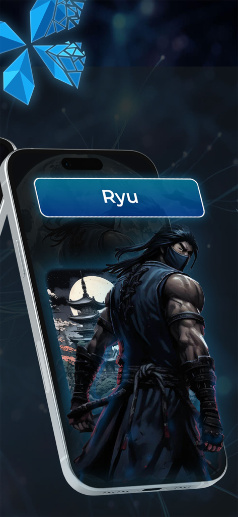 Un smartphone que muestra al personaje Ryu, un ninja en la aplicación de rol de IA local Layla