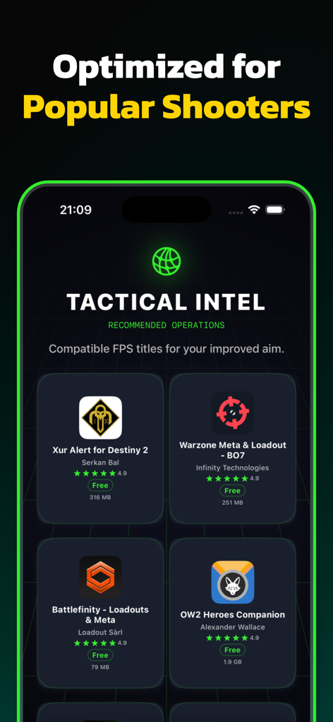 Un écran d'application mobile intitulé Intel tactique montrant une liste de titres FPS compatibles comme Warzone et Overwatch 2 pour une utilisation de réticule personnalisé.