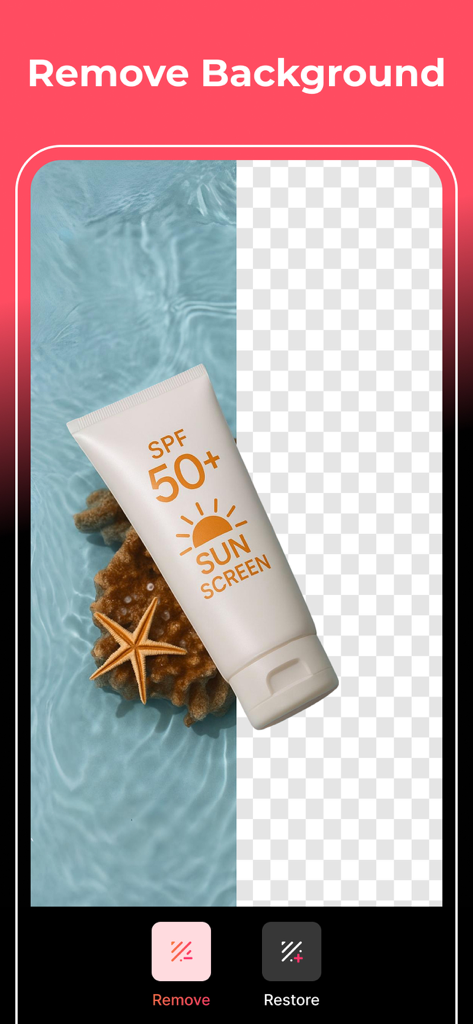 Magic Eraser - Remove Object - Interfaz de la aplicación Borrador Mágico que muestra una botella de protector solar aislada de su fondo de playa