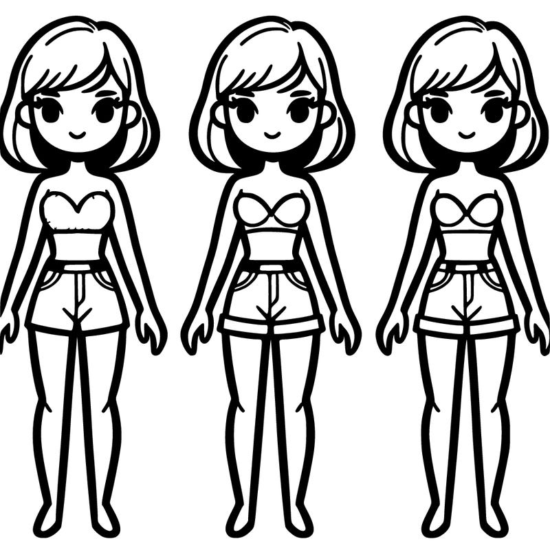 make a model with black outlines only and make her in shorts and a bra so i can color it so i can color the outfit in her hair
