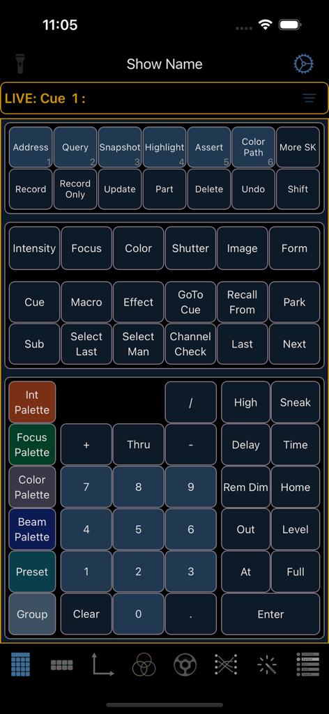 Eos Remote - Virtual lighting console keypad and command buttons in the Eos Remote app interface