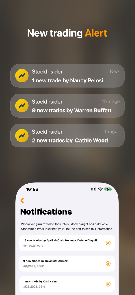 Stock Insider: Track Trades - Pantalla de la aplicación Stock Insider que muestra notificaciones de operaciones en tiempo real para Nancy Pelosi y Warren Buffett