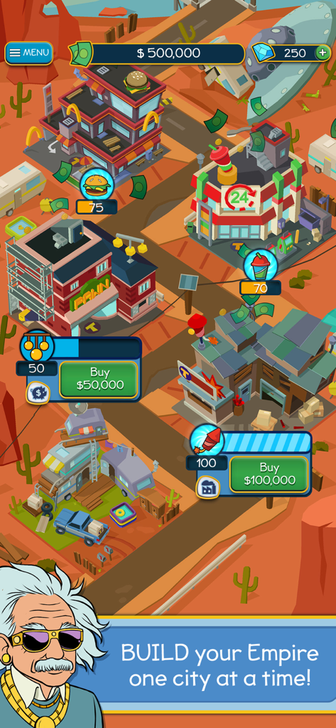 Taps to Riches - 다양한 비즈니스 건물과 '제국을 건설하세요'라는 캡션이 있는 Taps to Riches 모바일 게임의 사막 도시.