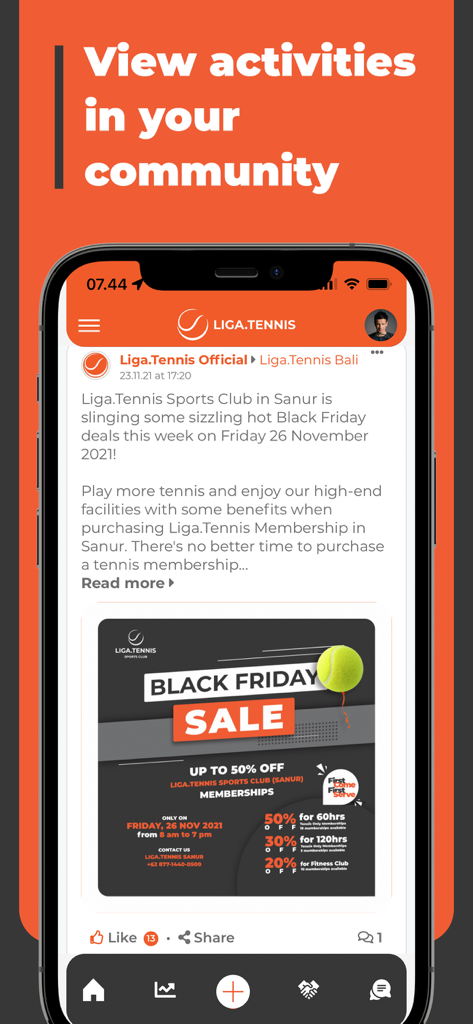 Liga App mobile interface showing a social feed with tennis community activities and club promotions