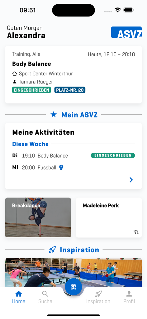 ASVZ - ASVZ app home screen showing a personalized sports schedule and upcoming session details