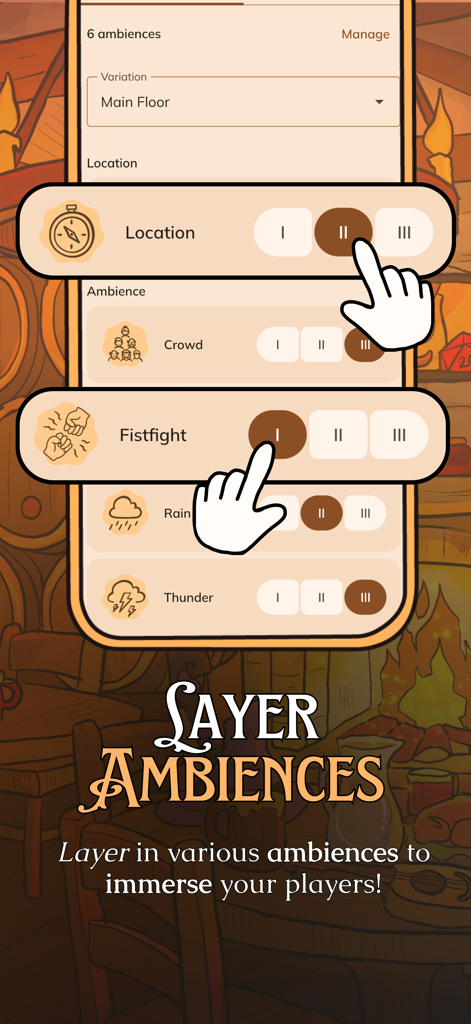 Pocket Bard - A mobile interface for the Pocket Bard app showing users how to layer different ambient sounds like rain thunder and crowds for immersive RPG gameplay