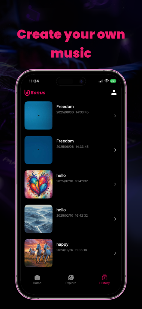Sonus AI: AI Song Creator - The history screen of the Sonus AI app displaying a list of created songs with AI generated artwork.