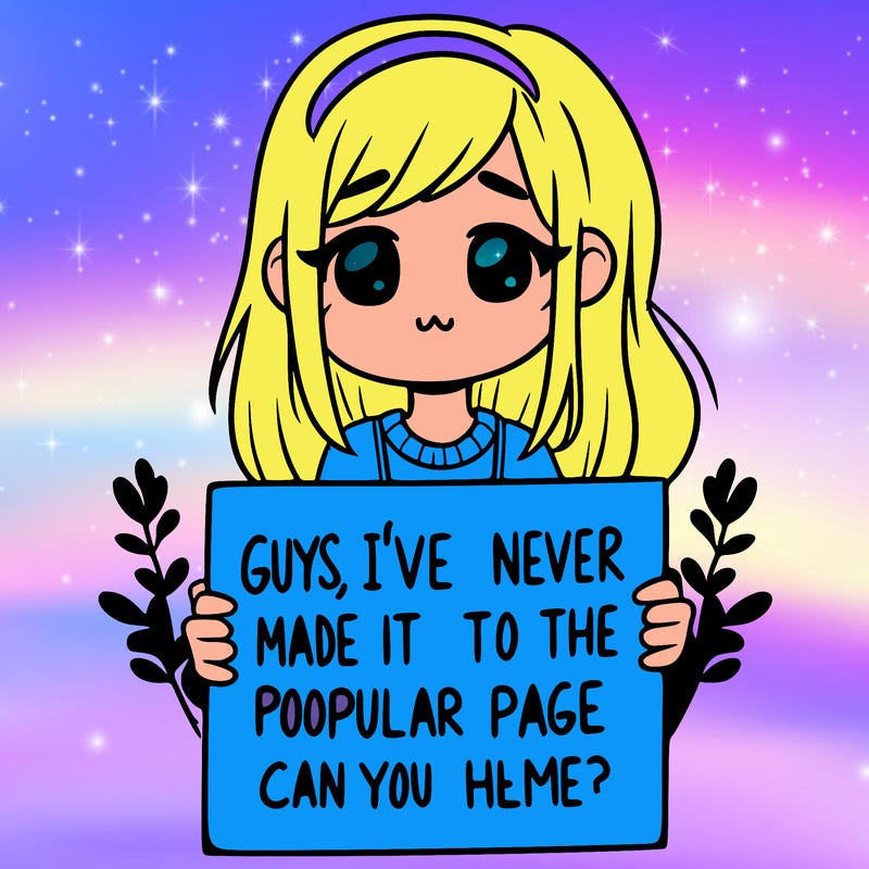 a girl holding up a sign that says, guys, i’ve never made it to the popular page, can you help me?