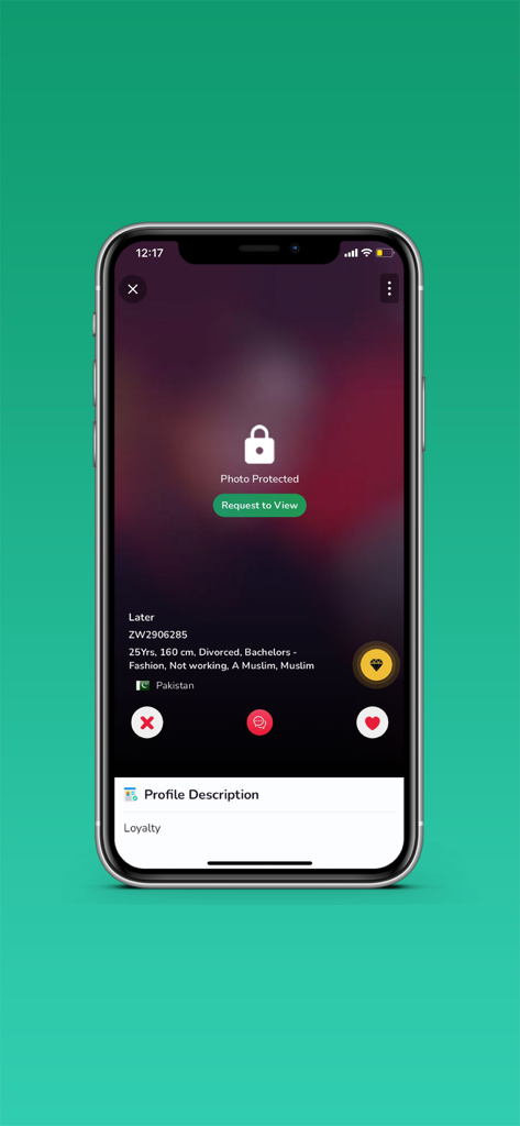 Página de perfil de la aplicación de matrimonio musulmán con una foto protegida y un botón de solicitud de visualización