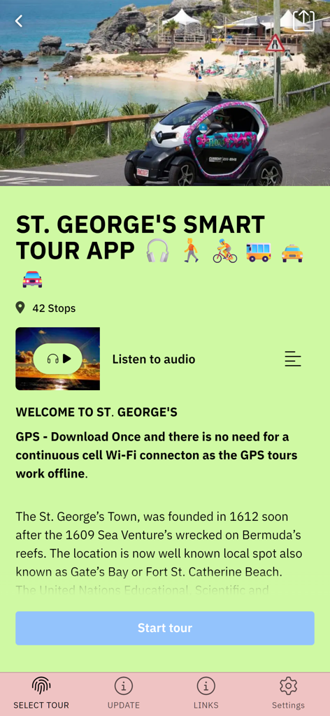 BERMUDA SMART TOURS - Interfaz de la aplicación Bermuda Smart Tours para el recorrido a pie por St George, mostrando información histórica y opciones de audio guía