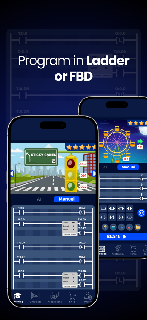 Interfaz de la aplicación simuladora de PLC que muestra programación de lógica Ladder para simulaciones de semáforos y norias