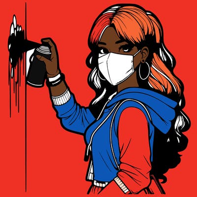 realistic girl with mask spray painting a wall