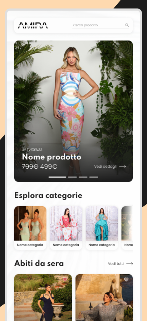 Amira couture - Home screen of the Amira Couture wholesale app showing high fashion dress collections and categories.