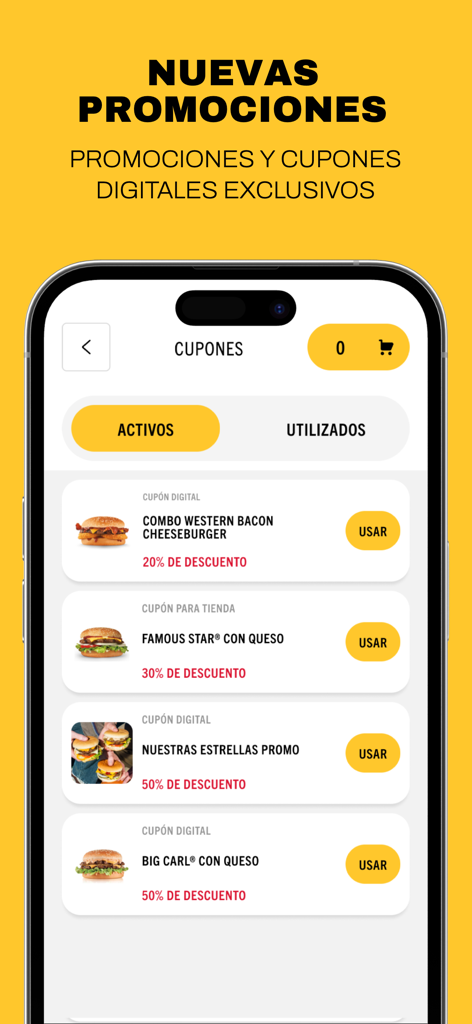 Carl's Jr. México - Tela do aplicativo móvel mostrando cupons digitais exclusivos para hambúrgueres Carl's Jr como Western Bacon Cheeseburger e Big Carl com vários descontos.