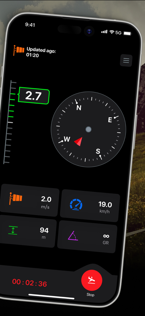 Vario One app interface on an iPhone displaying paragliding flight data including climb rate altitude and wind direction