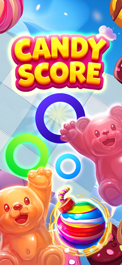 Bright and colorful Candy Score app splash screen featuring gummy bears and rainbow game elements.