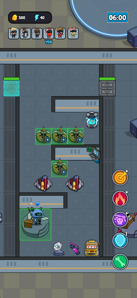 Galactic Dorm - Top down view of Galactic Dorm gameplay featuring base building and defense upgrades in a futuristic room.