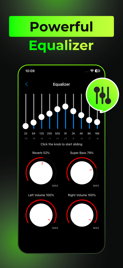 Offline Music, MP3 Player - Potente schermo equalizzatore audio nell'app lettore musicale offline che mostra slider di frequenza e controlli di potenziamento dei bassi