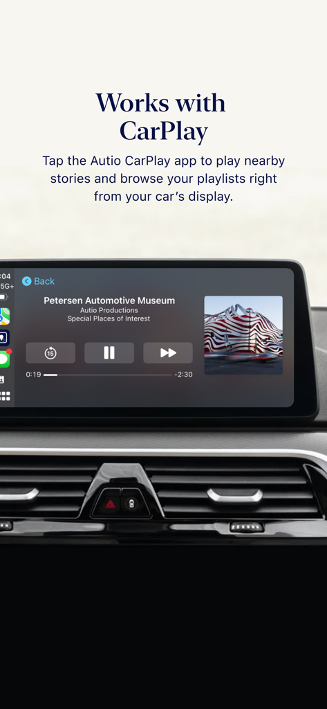 Autio: Road Trip & Travel App - Autio road trip app interface shown on a car display using Apple CarPlay with a story about the Petersen Automotive Museum.