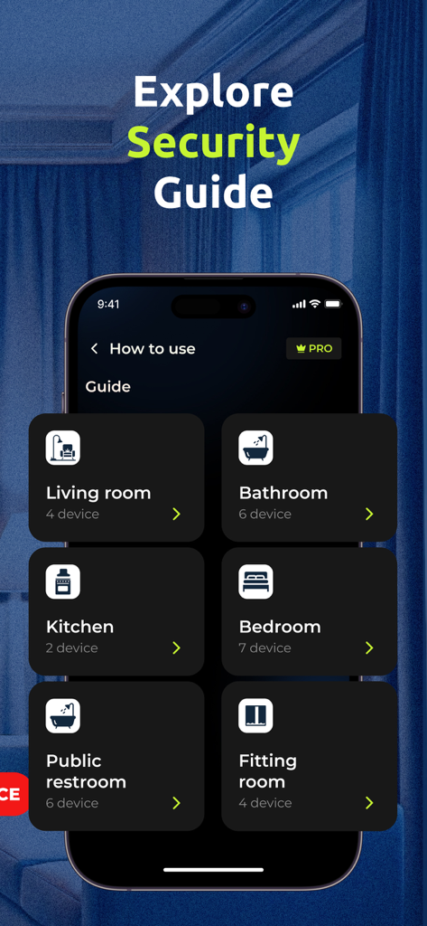 Dot: Wifi Analyzer & Scanner - Oberfläche der Dot-App, die einen Sicherheitsleitfaden zur Suche nach Geräten in verschiedenen Bereichen wie dem Wohnzimmer und Schlafzimmer anzeigt