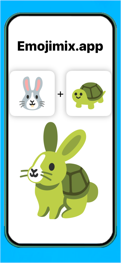 Emojimix Maker App-Oberfläche, die ein Kaninchen- und Schildkröten-Emoji zeigt, das zu einem hybriden Wesen kombiniert wurde