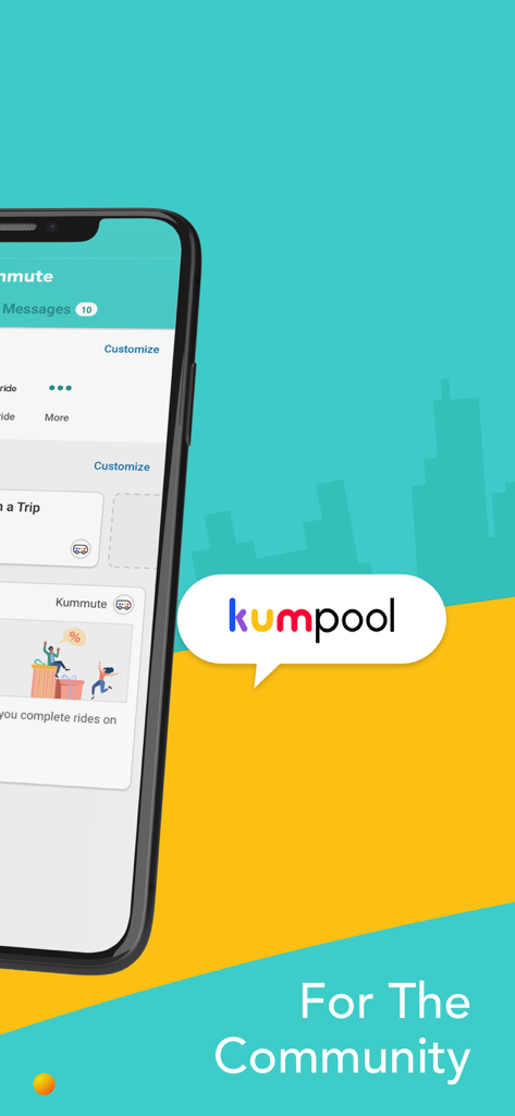 Kummute - Ride-pooling app - Kummute mobile app screen featuring kumpool ride-pooling service for urban communities