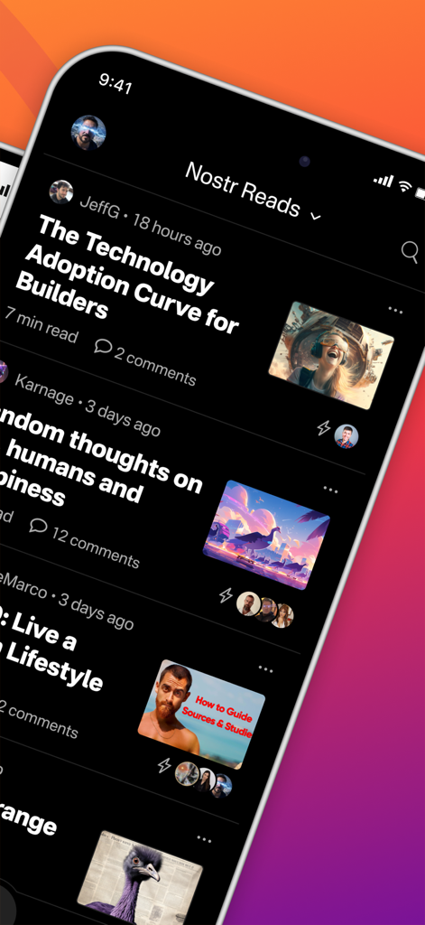 Primal - Primal mobile app interface showing the Nostr Reads screen with a feed of long-form articles and Bitcoin zapping icons.