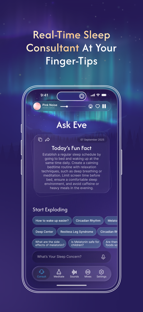 White Noise ASMR Sleep Sounds - La interfaz de la aplicación White Noise ASMR que muestra el consultor de sueño IA Ask Eve y hechos diarios sobre higiene del sueño.