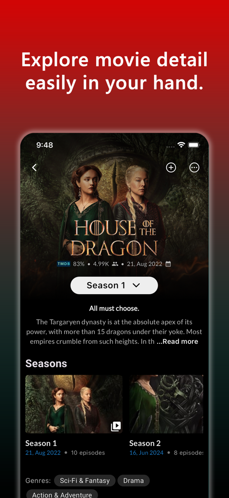 MerlMovie - MerlMovie app interface displaying series details and season information for House of the Dragon