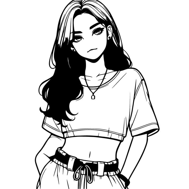 realistic girl witha crop top and baggy pants