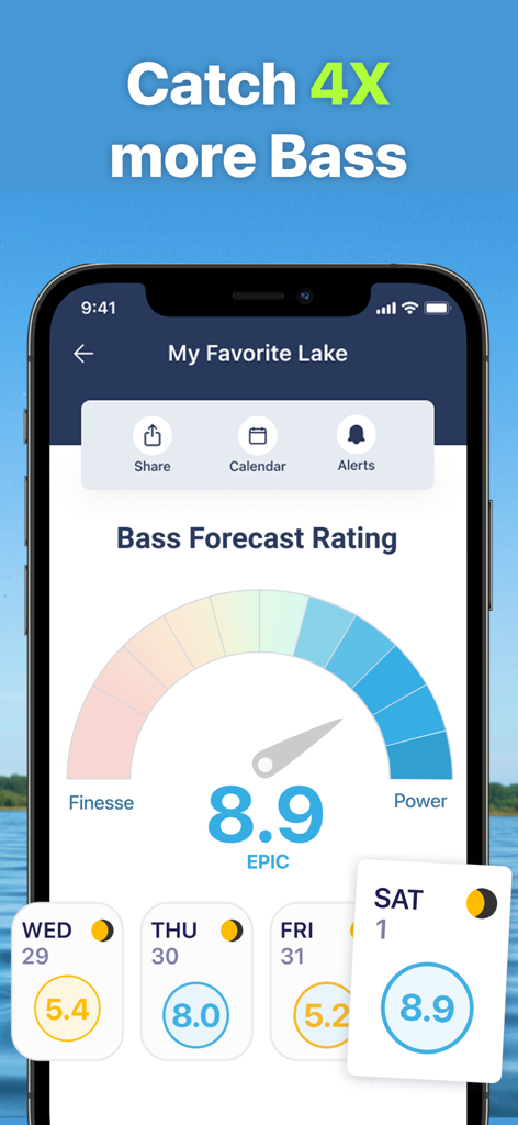 BassForecast app showing an epic fishing rating and 10 day forecast