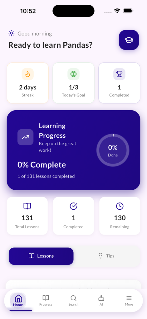 Learn Pandas - Python Data - Home screen of the Learn Pandas app showing user progress and lesson stats.