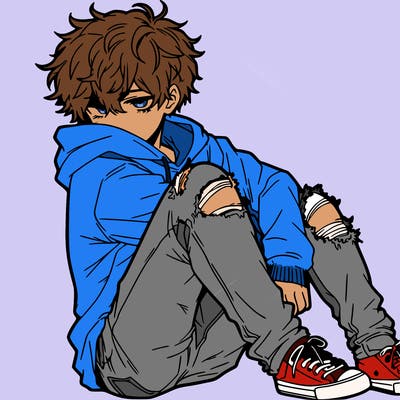 a male hoddie ripped jeans messy hair anime