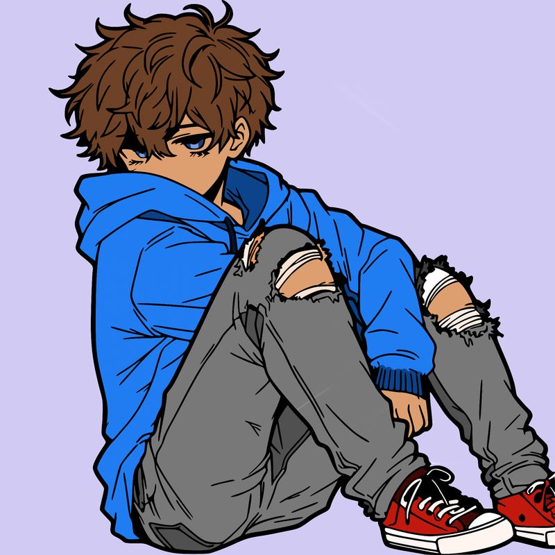 a male hoddie ripped jeans messy hair anime