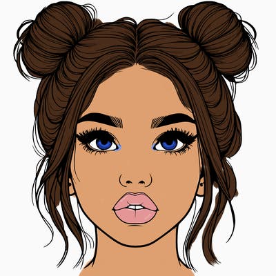 realistic girl with two buns on her hair and lips
