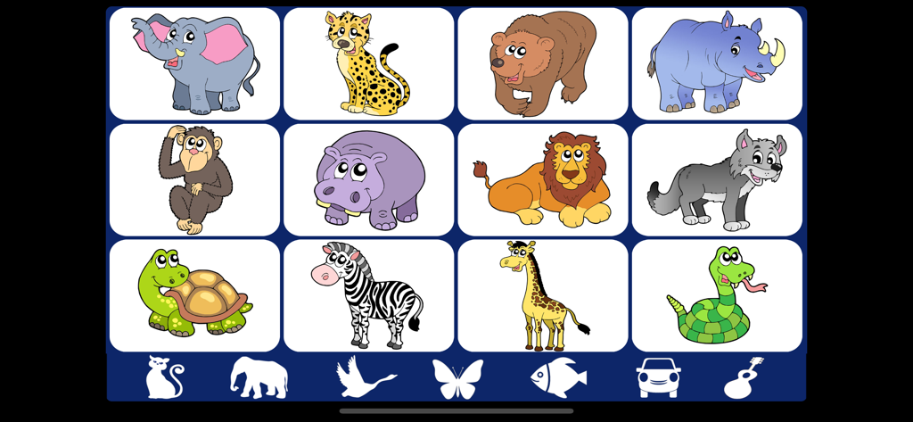 Une grille de douze animaux sauvages de dessin animé, dont un lion, un éléphant et une girafe, sur fond blanc.