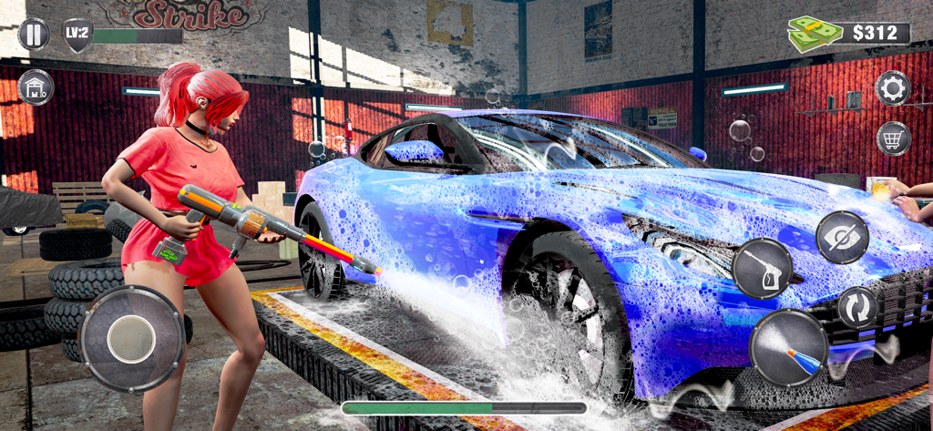 Car Wash - Power Washing Game - Un personnage utilisant un nettoyeur haute pression pour nettoyer une voiture de sport bleue savonneuse dans un garage
