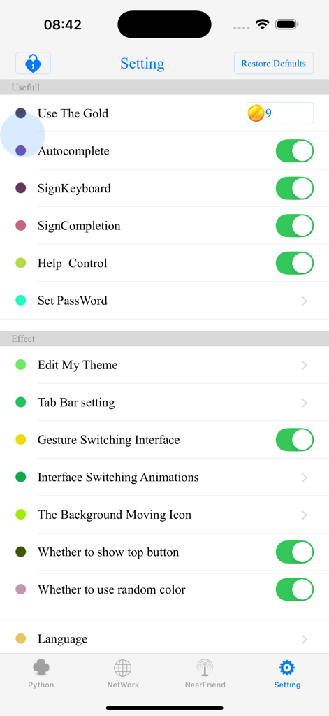 Settings menu of the Python learning app showing editor preferences and UI customization options