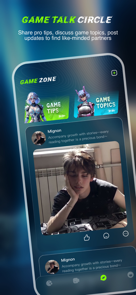 Fritty：Adult & Chat，Video Call - Fritty app screenshot showing the Game Talk Circle community feed and game tips section