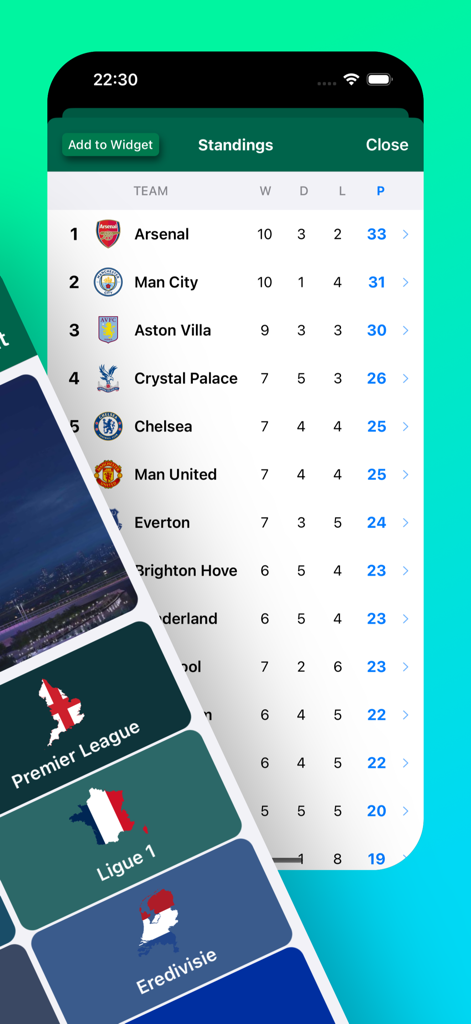 Mobile app interface displaying Premier League standings and options to select different football leagues like Ligue 1 and Eredivisie.