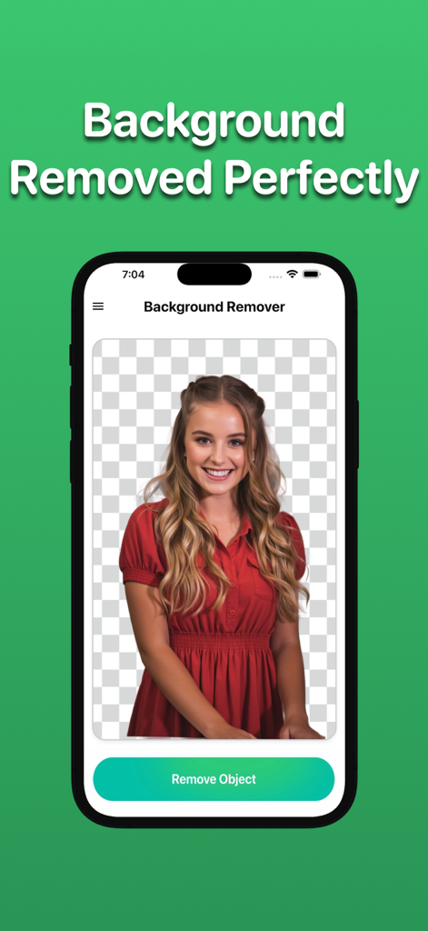 Erase Objects: Remove People - An iPhone screen showing a woman in a red dress with a transparent background after using the AI removal tool