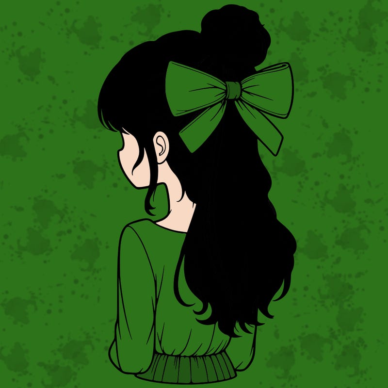 realistic girl  with hip length hair a bun and a big bow on the back of head