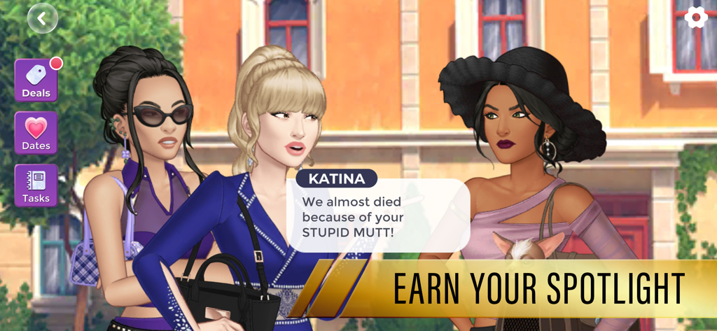 Three fashionable women having a dramatic argument in the mobile game Episode Reality Stars