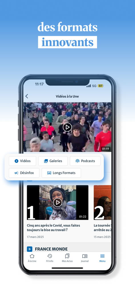 Le Bien Public - Côte d'Or - Interface de l'application mobile montrant des formats d'actualités multimédias innovants, y compris des vidéos et des podcasts