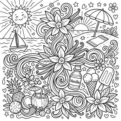 Immerse yourself in a sweet summer fantasy with this unique coloring page, blending the warm aroma of vanilla with vibrant beach vacation vibes. Discover delightful scenes filled with tropical treats and fragrant blossoms, ready for your creative touch.